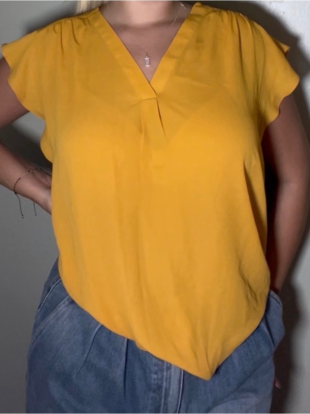 Vince Camuto Mustard Yellow V-Neck Flutter Sleeve Blouse